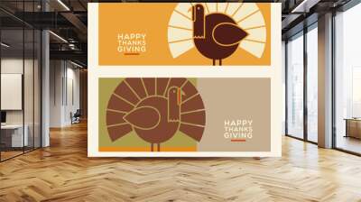 Happy Thanksgiving flat minimalist banner designs with abstract turkey and space for text. For greeting cards, banners, flyers, print. Wall mural