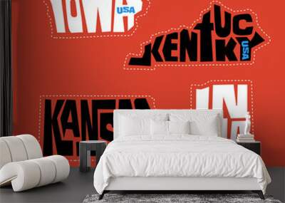 iowa, kentucky, kansas, indiana states names distorted into state outlines. pop art style vector ill Wall mural