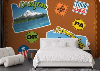 Oregon, Pennsylvania travel stickers with scenic attractions and retro text on vintage suitcase background Wall mural