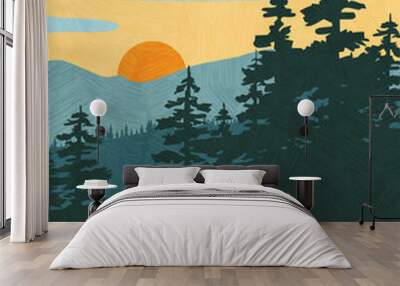 Retro style travel poster design for the United States.  Scenic image of mountains and pine trees at sunset. Limited colors, no gradients.  Vector illustration. Wall mural