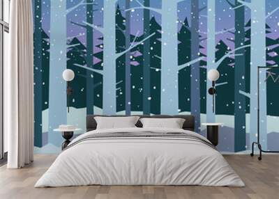 Woods in winter with falling snow. Tall bare trees on a winter night. For Christmas and New Years greeting cards, wallpaper, banners, posters. Wall mural