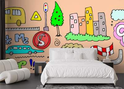 Cartoon Transportation Background for Kids with doodle Toy Cars and Nature with Hills and Trees. Wall mural