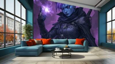 A dark-skinned female elf with purple hair and a crown, wearing black clothing and holding a glowing orb in her hand. Wall mural