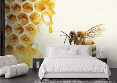 A honeybee flying near a honeycomb dripping with golden honey, showcasing nature's meticulous craftsmanship. Wall mural