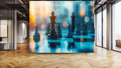 Close-up of chess pieces on a chessboard with a blurred city background, symbolizing strategy and competition in a modern setting. Wall mural