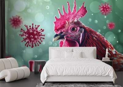 Close-up of chicken surrounded by virus particles, representing avian influenza, animal health, and disease transmission. Wall mural