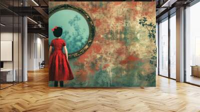 Surreal scene with a girl in a red dress looking at a vintage mirror on a textured, painted wall with leaf shadows. Wall mural