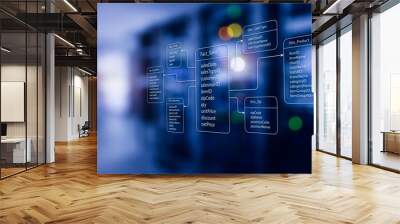 An example of the structure of relational database tables for storing data for analysis and server room background. Concept of data warehouse, Database OLAP Cube Server, Analysis, SQL, 3D rendering. Wall mural