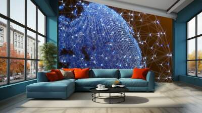 Panoramic view of dotted earth and a digital communication line. Global network connection around the globe. Futuristic technology concept. World wide web. Continents of Europe. 3D rendering. Wall mural