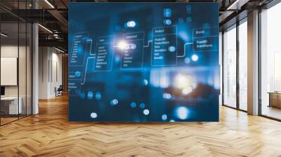 Relational database tables with server room and datacenter background. Concept of database diagram design. Wall mural