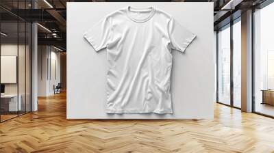 A plain white t-shirt is neatly arranged on a light surface, highlighting its smooth fabric and simple design Wall mural