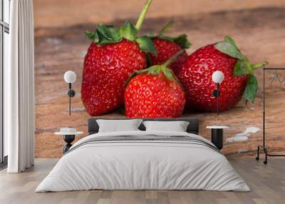 Strawberry on wooden background close up Wall mural