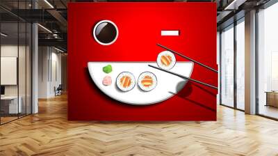 Sushi salmon avocado roll white smile plate and chopsticks on re Wall mural