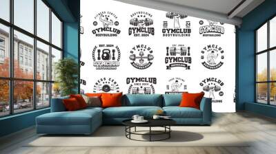 Retro styled fitness emblem collection. Vintage gym logo templates bundle. Monochrome fitness emblems logo vector. Wall mural