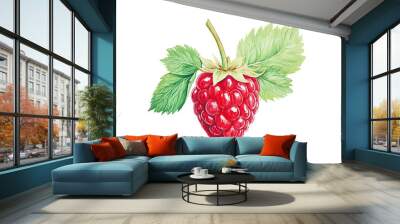 A vibrant raspberry with lush green leaves, showcasing its rich red color and juicy texture, perfect for food-related themes. Wall mural