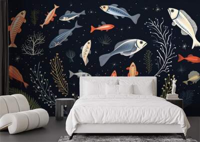 The image is a beautiful illustration of various fish and sea creatures swimming in a deep blue ocean Wall mural