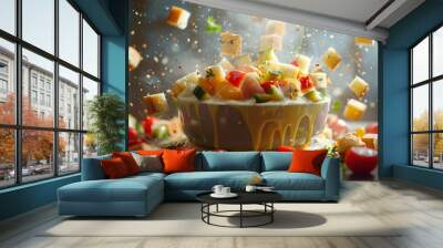 Visualize a levitating cheese fondue pot with bread cubes and vegetables dipping from below , ultra HD Wall mural