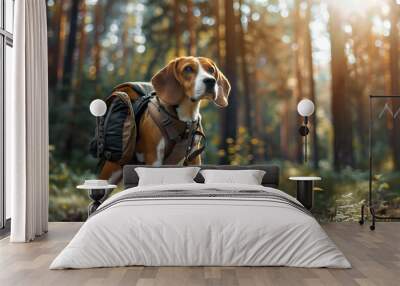 A cute beagle dog  wearing a backpack, hiking in a pet-friendly forest Wall mural