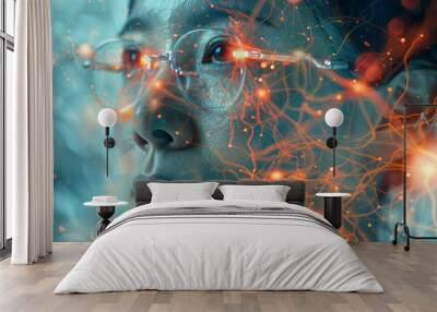 A digital composite image of a person with neural network activity overlay.  Wall mural