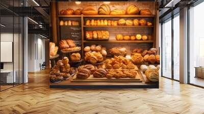 A 3D bakery display case filled with an assortment of freshly baked bread and pastries, featuring golden-brown loaves, croissants, and tarts, set in a cozy and inviting atmosphere  Wall mural