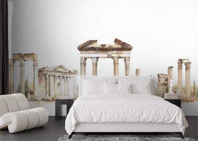 A delicate watercolor painting of Roman ruins in France, featuring ancient columns and arches, set against a clean white background. The artwork captures the timeless beauty and grandeur of  Wall mural