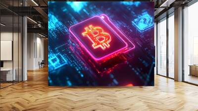 A digital wallet in 3D with vibrant, glowing currency symbols emerging from it, symbolizing the dynamic and evolving nature of financial technology, set against a dark, high-tech background  Wall mural