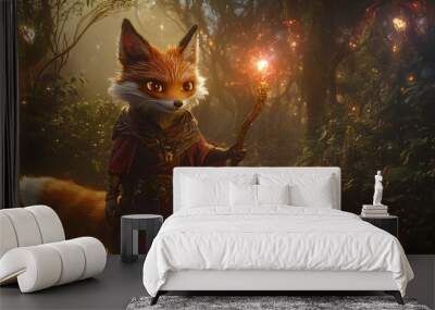 A fantasy fox in an intricate wizard outfit, traversing a magical woodland, with a bright glowing staff casting enchanting light on the surrounding trees and plants  Wall mural