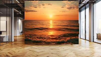 A golden sunset illuminating the horizon over a vast ocean, casting a warm and radiant glow across the water, showcasing the serene beauty of nature  Wall mural