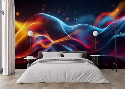 A vibrant display of light paths flowing in dynamic curves, intertwining to form abstract, organic shapes with glowing gradients of color against a dark background  Wall mural