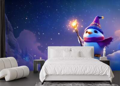 A whimsical scene featuring a penguin in a wizard outfit, perched on a snowy peak, holding a glowing staff with twinkling lights, set against a backdrop of a clear, starry night sky, capturing  Wall mural