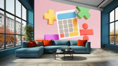 3d minimal calculator and math symbols on pink background. math operations concept calculation icon colorful geometric shape multicolored object 3d rendering isolated. Wall mural