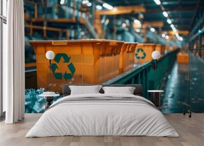 A conveyor belt with several orange recycling bins on it Wall mural