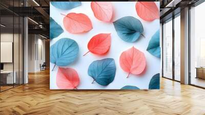 Blue and Pink Leaf Pattern on White Background Wall mural