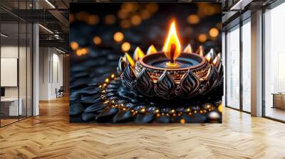 Burning Candle in Lotus Shaped Holder with Bokeh Lights Wall mural