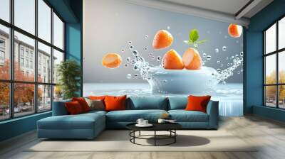 Fresh Fruit Splash in Water with Green Leaf Wall mural