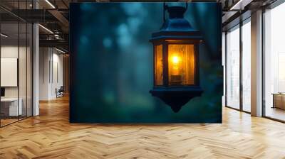 Glowing Lantern in Misty Forest at Night Wall mural