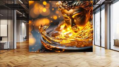 Golden Buddha Statue in Water with Bokeh Lights Wall mural