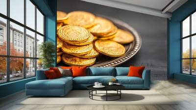 Golden Coins on Silver Tray for Festive Occasions Wall mural