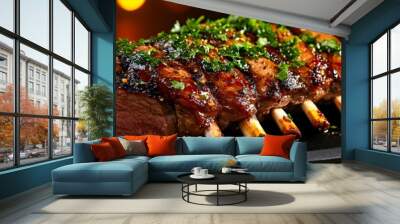 Grilled Lamb Chops with Herbs on Black Plate Wall mural