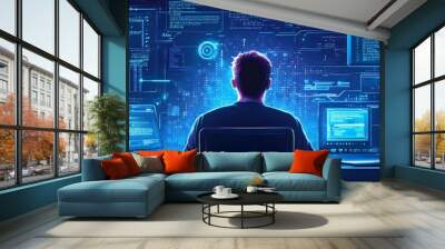 Hacker Working at Computer with Blue Neon Lights and Code Wall mural