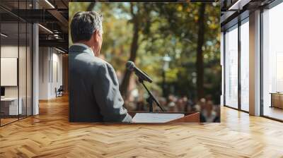 Man Speaking at Podium with Microphone and American Flag in Background Wall mural