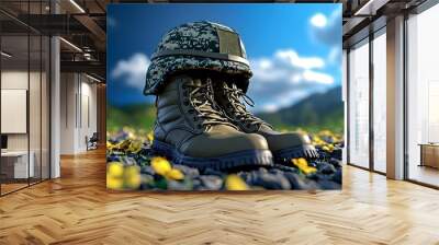 Military Boots and Helmet on a Meadow with Yellow Flowers Wall mural