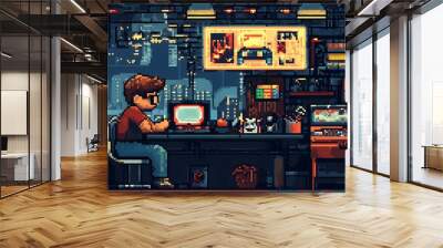 Pixel Art Night City Workplace. Wall mural