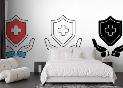 Shield Health care icons set. insurance symbol isolated background, medical health protection silhouette icon, hand holding Shield vector illustration. Wall mural