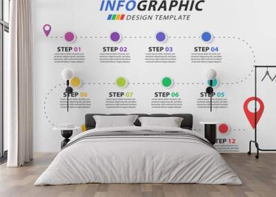 Timeline Creator infographic template. 12 Step timeline journey, calendar Flat simple infographics design template. presentation graph. Business concept with 12 options, vector illustration. Wall mural