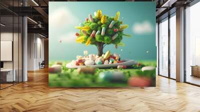 Whimsical scene with a tree that is filled with colorful pills instead of leaves. Wall mural