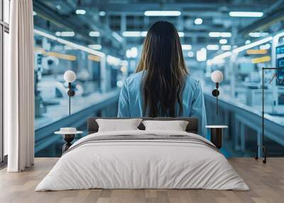 Woman in Lab Coat Walking Through Modern Factory with Computer Monitors Wall mural