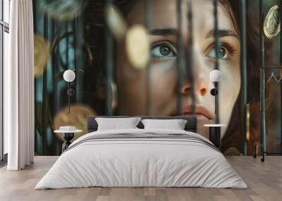 Woman looks out of a metal cage. Wall mural