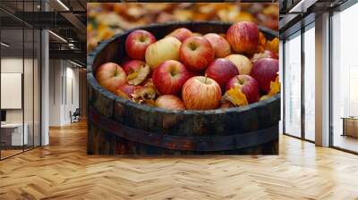 Wooden Barrel Filled with Apples and Autumn Leaves Wall mural