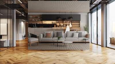 3d rendering of modern loft living and dining room interior design and sea view background  Wall mural